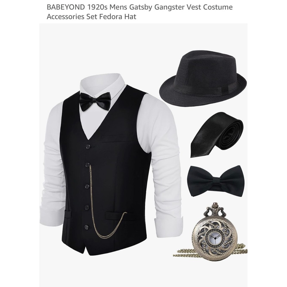 1920s Theme Mens Gatsby Gangster Vest Costume Set XL Fedora Hat Black B2